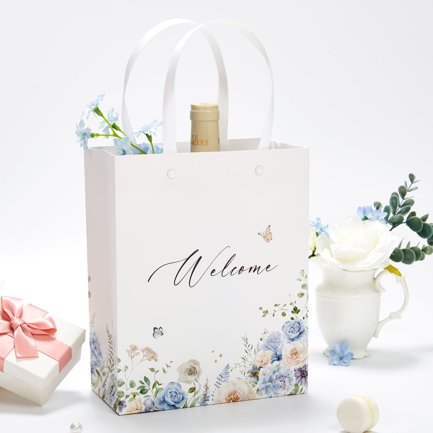 Crisky Blue Flower Welcome Bags for Wedding Hotel Guests, 25 pcs Candy Buffet Bags, Wedding Gift Bridal Baby Shower Favor Bags, 10"x8"x4"