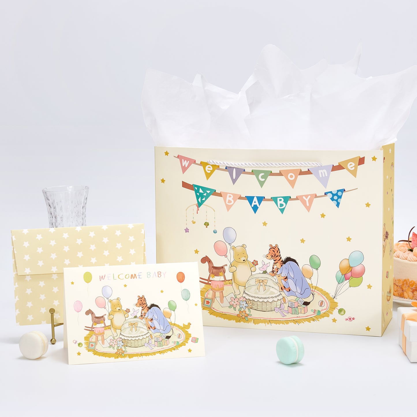 Crisky 13" Large Baby Gift Bag with Tissue Paper and Card for Baby Shower Gender Reveal Parties (Little Bear Animal Design)