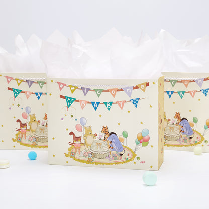 Crisky 13" Large Baby Gift Bag with Tissue Paper and Card for Baby Shower Gender Reveal Parties (Little Bear Animal Design)