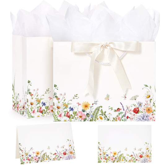 Crisky 2 Pack Wedding Gift Bag with Tissue Paper and Card, Large Gift Bags for Women, Floral Bag for Wedding, Bridal Shower, Engagement, Bachelorette, Birthday, Tea Party
