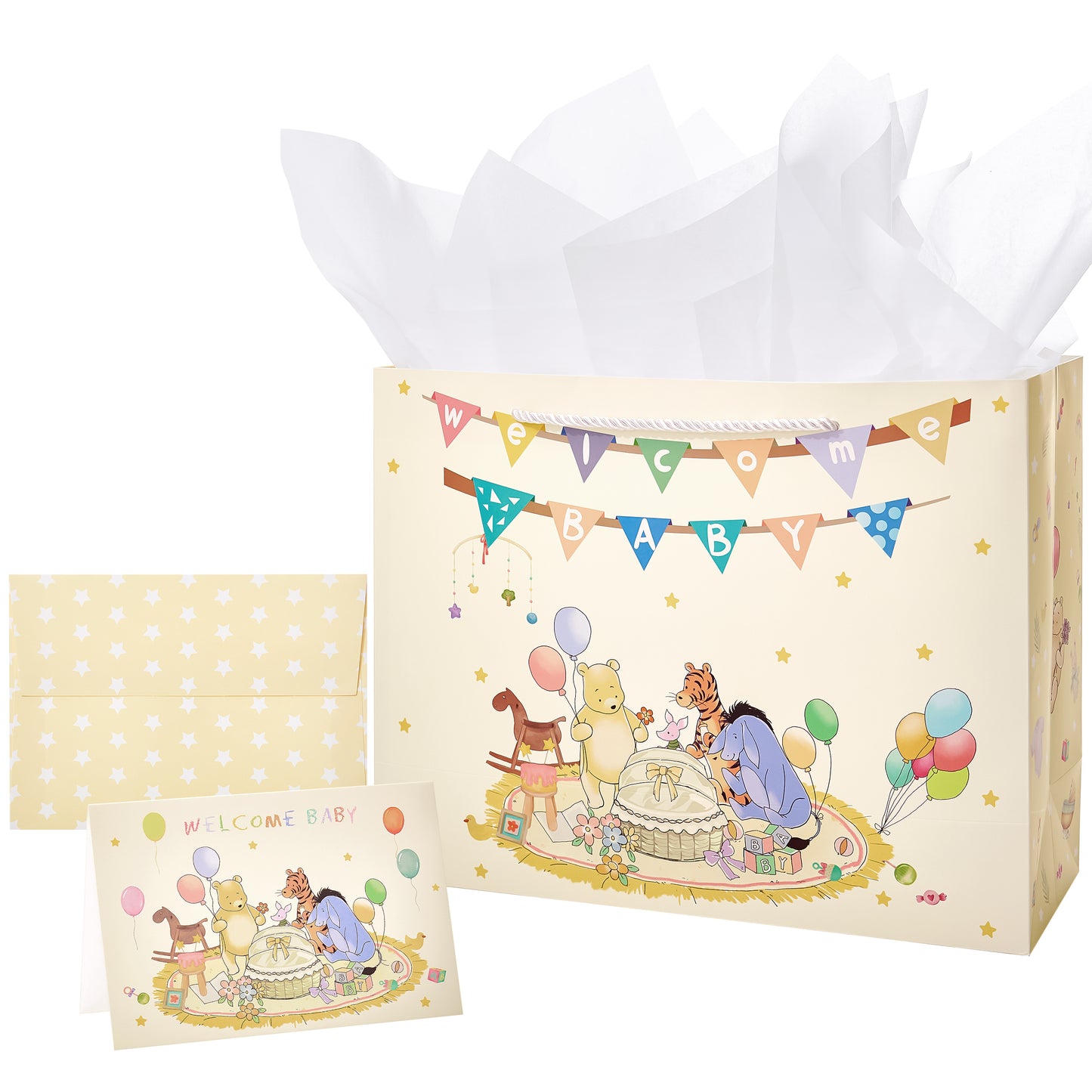 Crisky 13" Large Baby Gift Bag with Tissue Paper and Card for Baby Shower Gender Reveal Parties (Little Bear Animal Design)