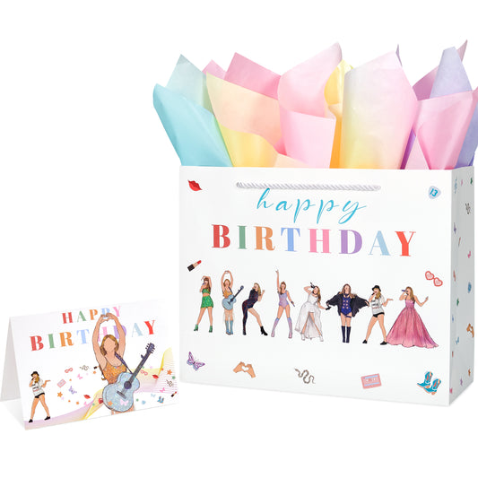 Crisky Large Happy Birthday Gift Bags for Women with Tissue Paper and Card, Music Lovers, Pop Singer Birthday Gift Bag with Handles for Party Decorations Supplies, 13"