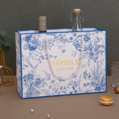 Crisky 13" Large Gift Bag with Tissue Paper and Card (Happily Ever After), Blue Floral Gift Bags for Weddings, Bridal Showers, Engagements