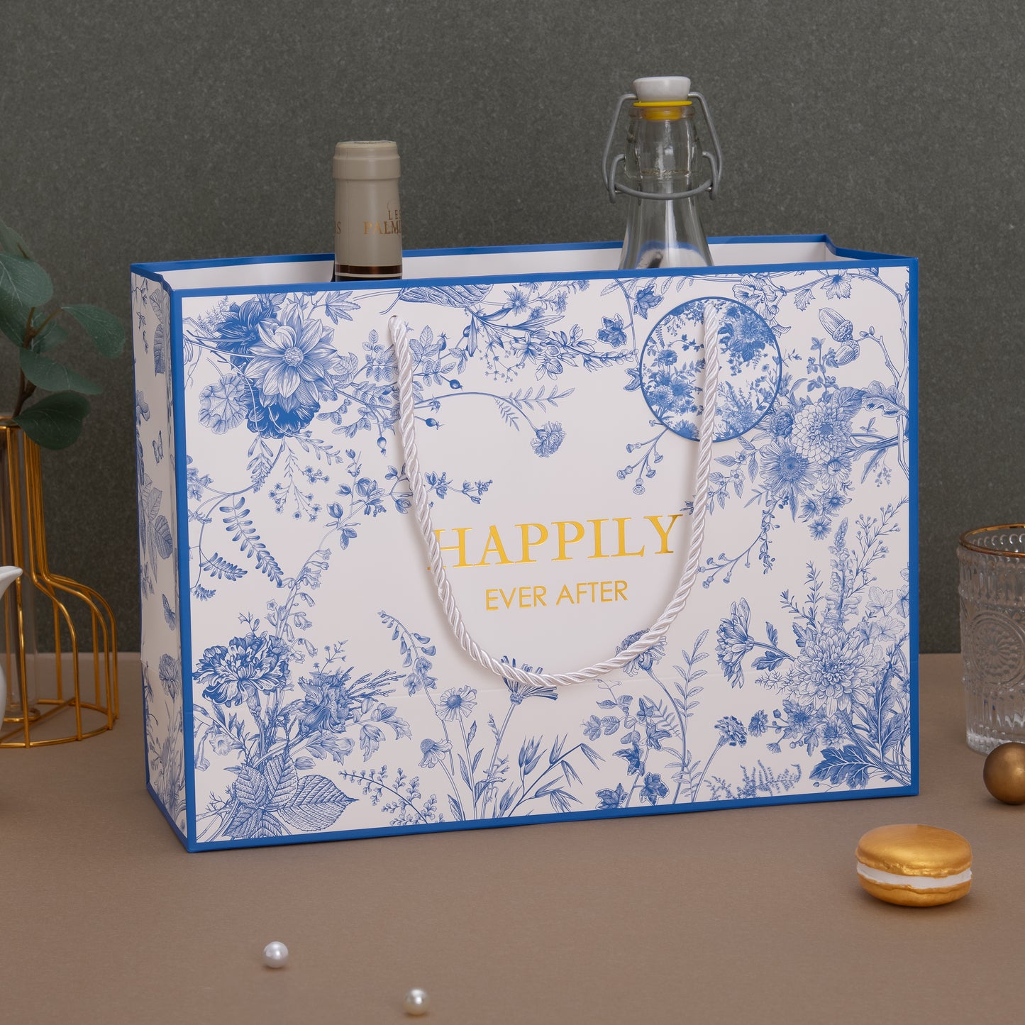 Crisky 13" Large Wedding Gift Bag, Bridal Shower Gift Bag with Greeting Card Tissue Paper Envelopes (Happily Ever After) for Bride, Women, Friends Engagement Party