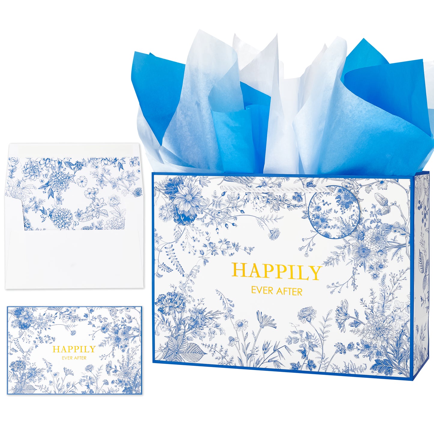 Crisky 13" Large Wedding Gift Bag, Bridal Shower Gift Bag with Greeting Card Tissue Paper Envelopes (Happily Ever After) for Bride, Women, Friends Engagement Party