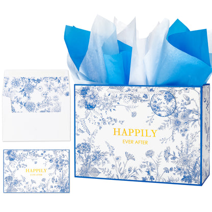 Crisky 13" Large Wedding Gift Bag, Bridal Shower Gift Bag with Greeting Card Tissue Paper Envelopes (Happily Ever After) for Bride, Women, Friends Engagement Party