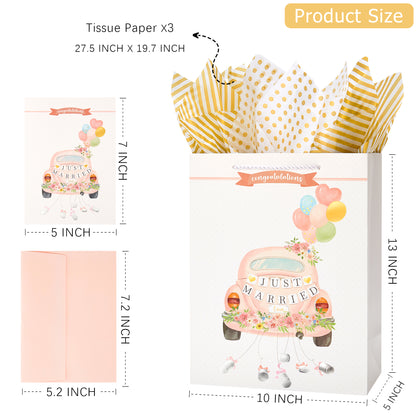 Crisky 13" Wedding Gift Bag with Tissue Paper and Congratulations Wedding Card for Bride and Groom (Just Married), Pink Car Floral Gift Bags for Newlywed