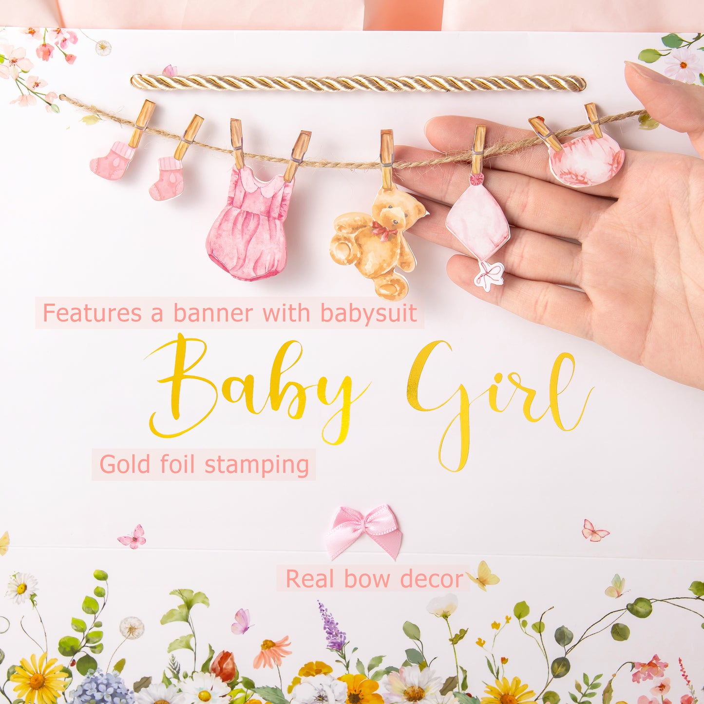 Crisky 13" Large Baby Shower Gift Bag with Tissue Paper, Gift Card and Bow for Baby Shower Decorations for Girl Kids Birthday Party(Features a Babysuit Banner and Pink Bow)