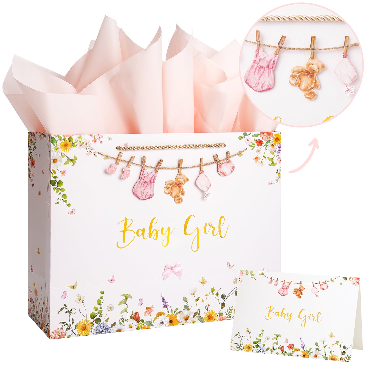 Crisky 13" Large Baby Shower Gift Bag with Tissue Paper, Gift Card and Bow for Baby Shower Decorations for Girl Kids Birthday Party(Features a Babysuit Banner and Pink Bow)
