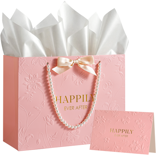 Crisky 13" Embossed Wedding Gift Bag with Pearl Handles, Large Pink Bridal Shower Gift Bag with Greeting Card Tissue Paper Envelopes (Happily Ever After) for Bride, Women, Friends Engagement Party
