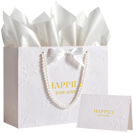 Crisky 13" Embossed Wedding Gift Bag with Pearl Handles, Large Bridal Shower Gift Bag with Greeting Card Tissue Paper Envelopes (Happily Ever After) for Bride, Women, Friends Engagement Party