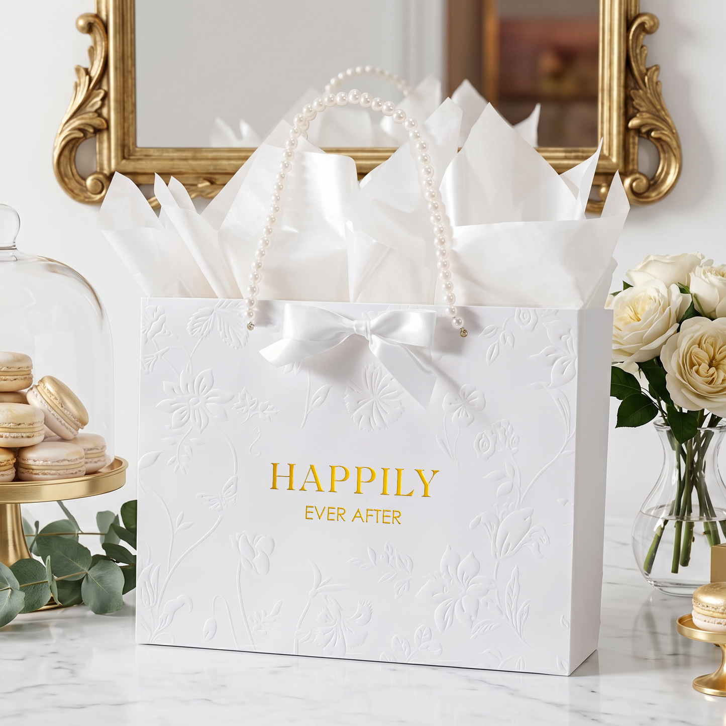 Crisky 13" Embossed Wedding Gift Bag with Pearl Handles, Large Bridal Shower Gift Bag with Greeting Card Tissue Paper Envelopes (Happily Ever After) for Bride, Women, Friends Engagement Party