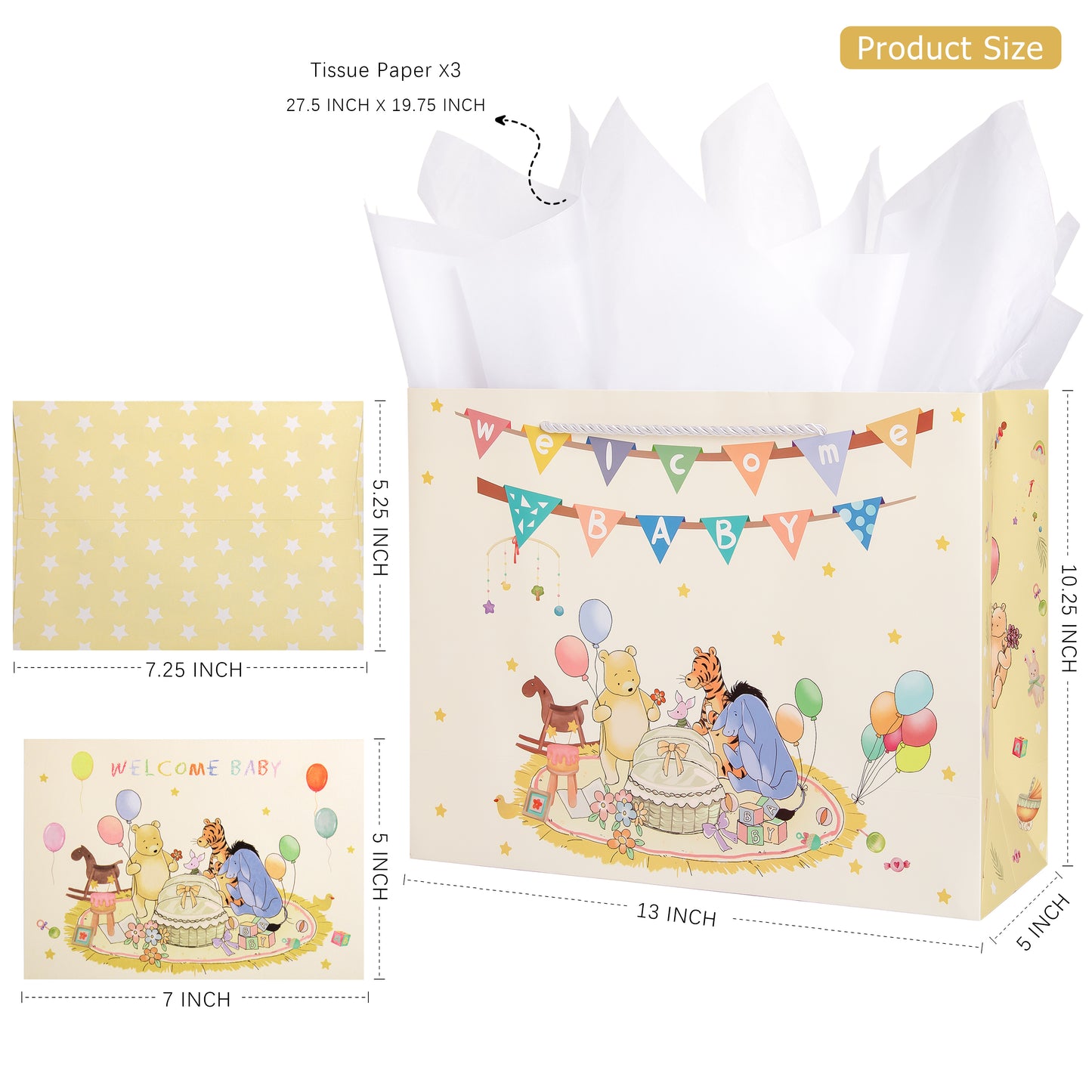 Crisky 13" Large Winnie Gift Bags with Tissue Paper and Greeting Card for Baby Shower Kids Boy and Girl Birthday Parties