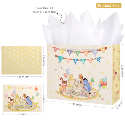 Crisky 13" Large Winnie Gift Bags with Tissue Paper and Greeting Card for Baby Shower Kids Boy and Girl Birthday Parties