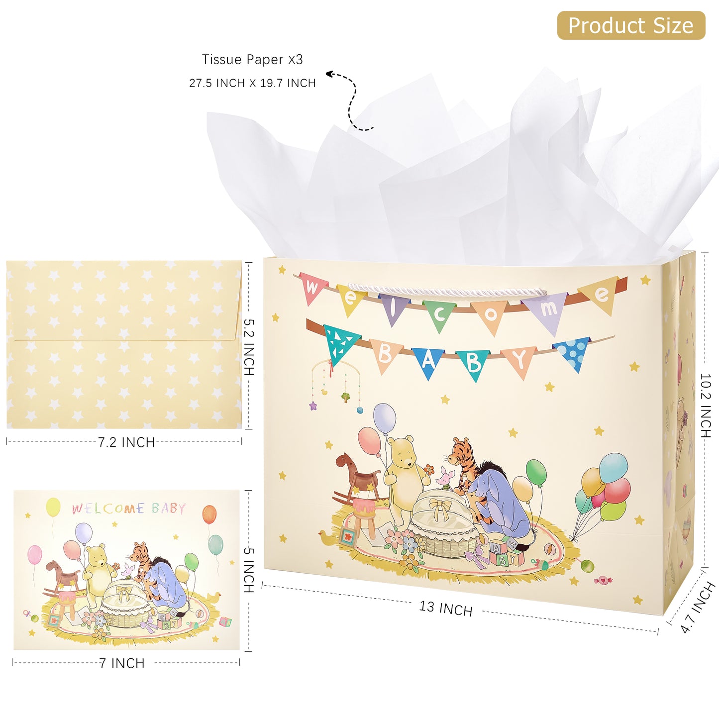 Crisky 13" Large Baby Gift Bag with Tissue Paper and Card for Baby Shower Gender Reveal Parties (Little Bear Animal Design)