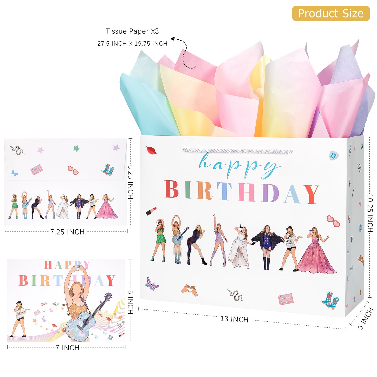 Crisky Large Happy Birthday Gift Bags for Women with Tissue Paper and Card, Music Lovers, Pop Singer Birthday Gift Bag with Handles for Party Decorations Supplies, 13"