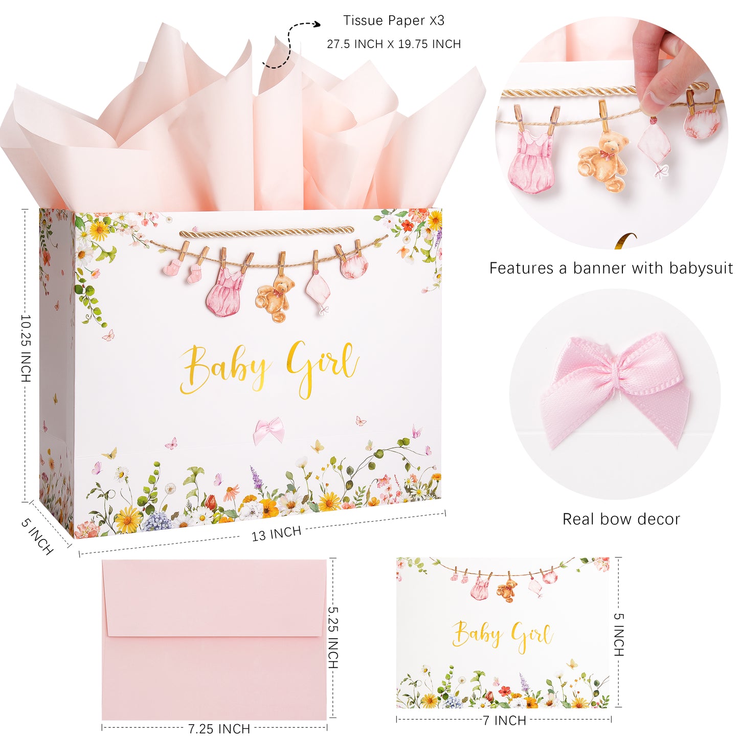 Crisky 13" Large Baby Shower Gift Bag with Tissue Paper, Gift Card and Bow for Baby Shower Decorations for Girl Kids Birthday Party(Features a Babysuit Banner and Pink Bow)