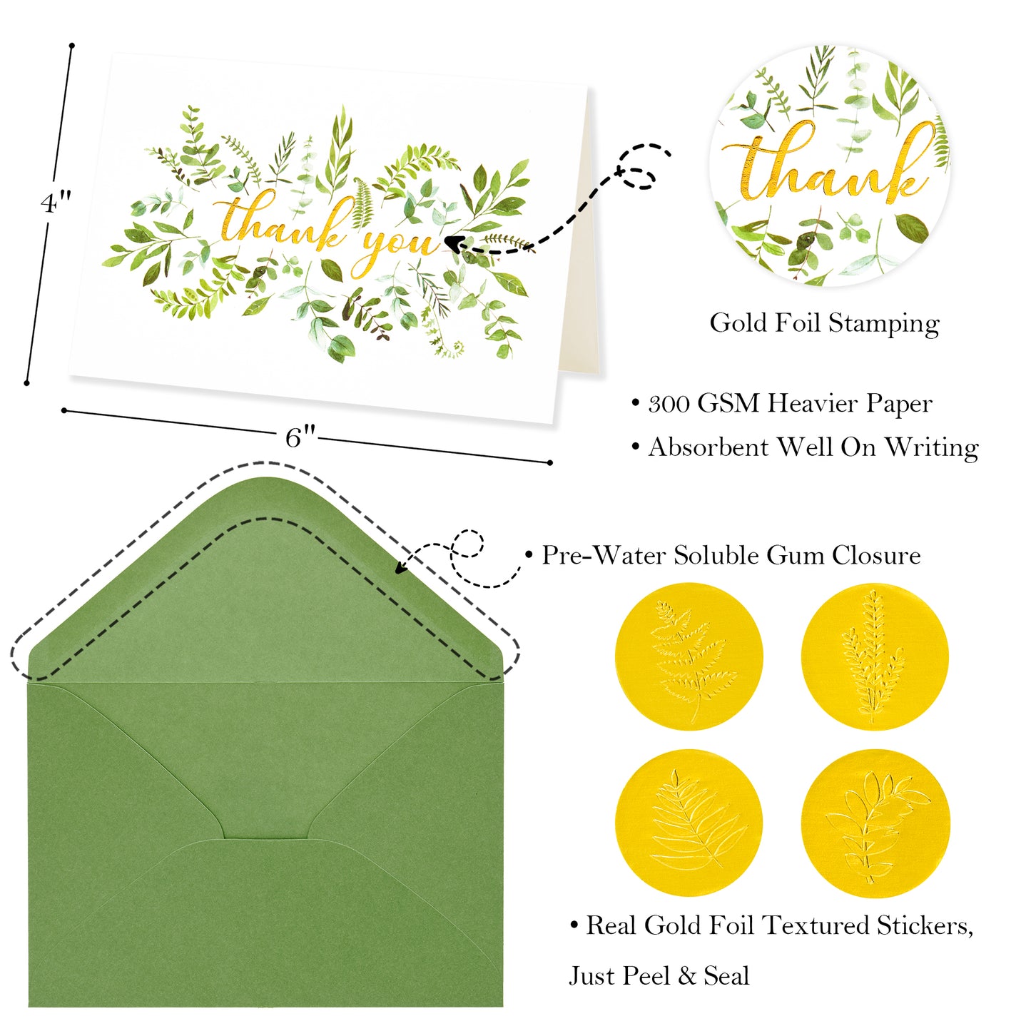 Crisky Gold Foil Green Thank You Cards with Envelopes 4 Assortment Greenery Wedding Thank You Cards, 50 Pack for Baby Shower, Bridal Shower, Business Birthday