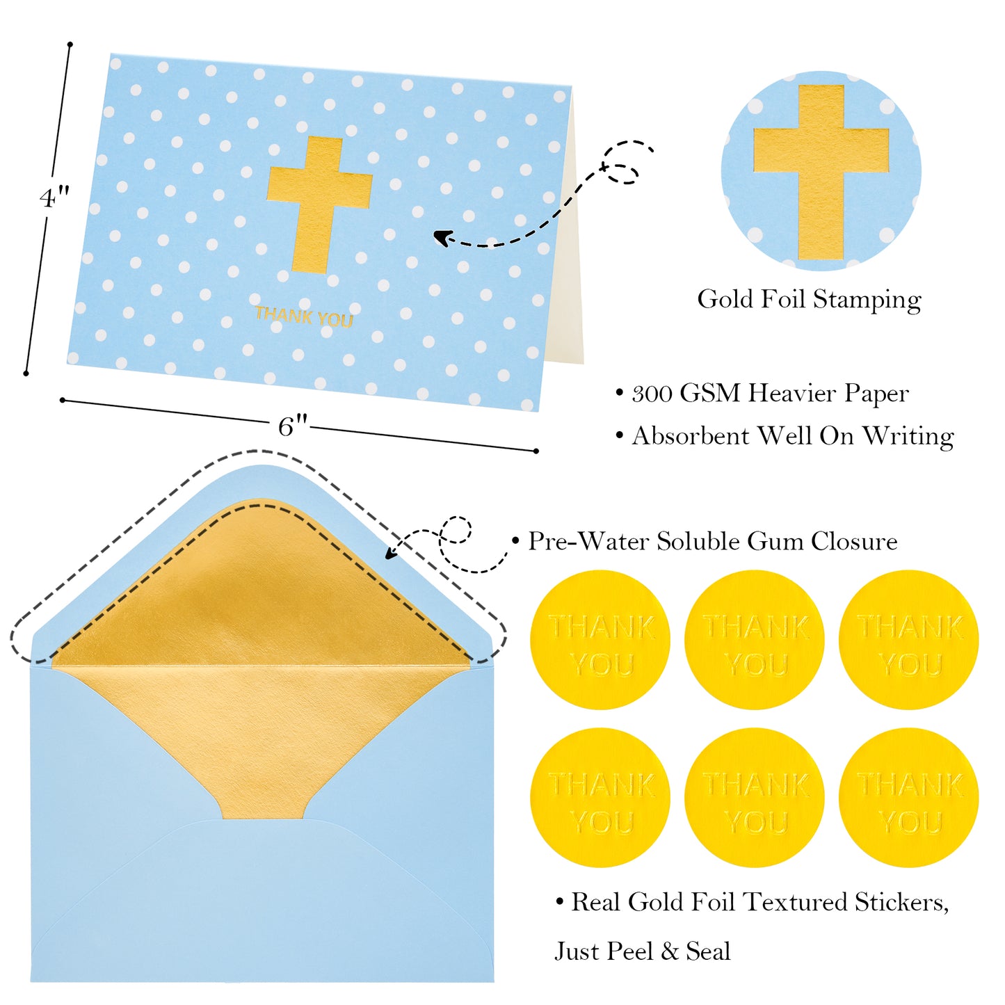 Crisky Boy Baptism Thank You Cards with Envelopes, Christian Cross Thank You Cards Baby Shower, Religious Thank You Cards, 50 pack Blue Gold Foil for Baptism, Wedding, Funeral, Bridal Shower