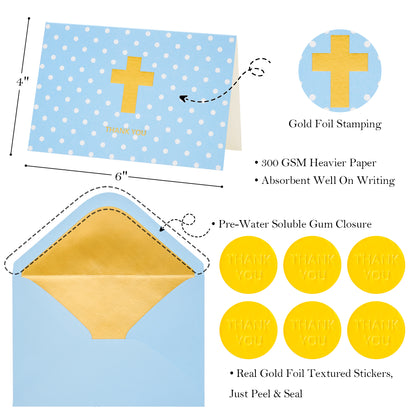 Crisky Boy Baptism Thank You Cards with Envelopes, Christian Cross Thank You Cards Baby Shower, Religious Thank You Cards, 50 pack Blue Gold Foil for Baptism, Wedding, Funeral, Bridal Shower