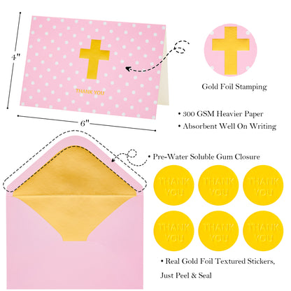 Crisky Girl Baptism Thank You Cards with Envelopes, Christian Cross Thank You Cards Baby Shower, Religious Thank You Cards, 50 pack Pink Gold Foil for Baptism, Wedding, Funeral, Bridal Shower