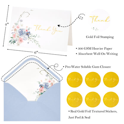 Crisky Floral Thank You Cards with Envelopes, Wildflower Hydrangea Blank Cards and Envelopes, WaterColor Blue Pink Thank You Notes for Wedding, Bridal Shower, Baby Shower Birthday, 50Pcs, 4 x 6 Inch