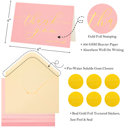 Crisky 50 pcs Pink Shade Thank You Cards With Envelopes & Stickers Simple Chic Elegant Greeting Cards Perfect for Wedding/Business/Birthday/Graduation 4 x 6 inches