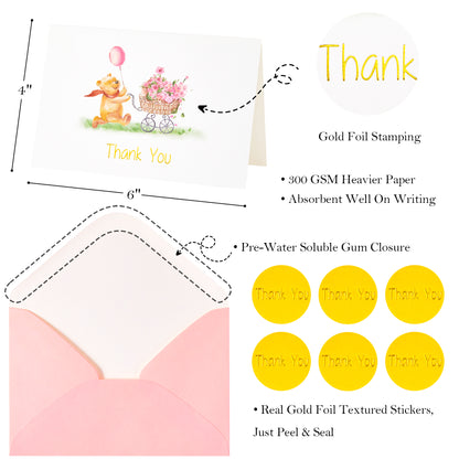 Crisky Baby Shower Girl Thank You Cards with Envelopes 25 Pack Pink Baby Shower Greeting Notes Bulk (Winnie the Pooh with Baby Carriage)