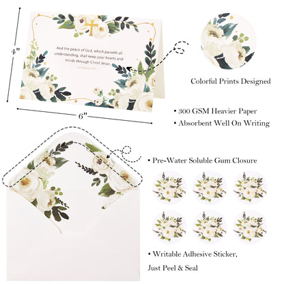 Crisky 12 Pack Religious Sympathy Cards with Scripture Watercolor White Flower with Envelope & Sticker, 4 Assortment (God's Comfort and Bless)