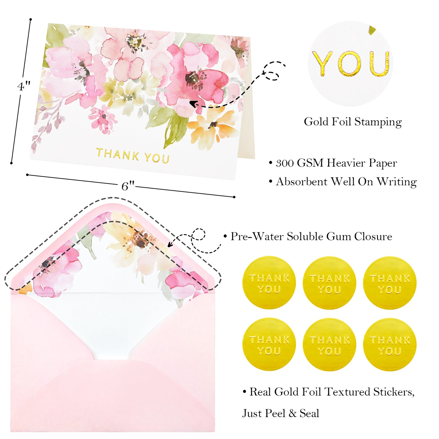 Crisky Watercolor Flower 4 Assorted Gold Foil Thank You Cards (50 Pack) with Envelopes & Stickers Printable Greeting Cards Bulk for Birthday, Baby Shower, Bridal Shower, Wedding, All Occasion
