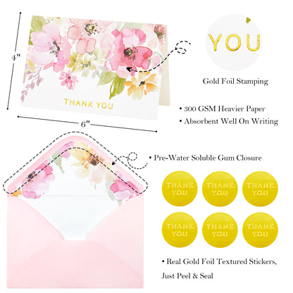 Crisky Watercolor Flower 4 Assorted Gold Foil Thank You Cards (50 Pack) with Envelopes & Stickers Printable Greeting Cards Bulk for Birthday, Baby Shower, Bridal Shower, Wedding, All Occasion