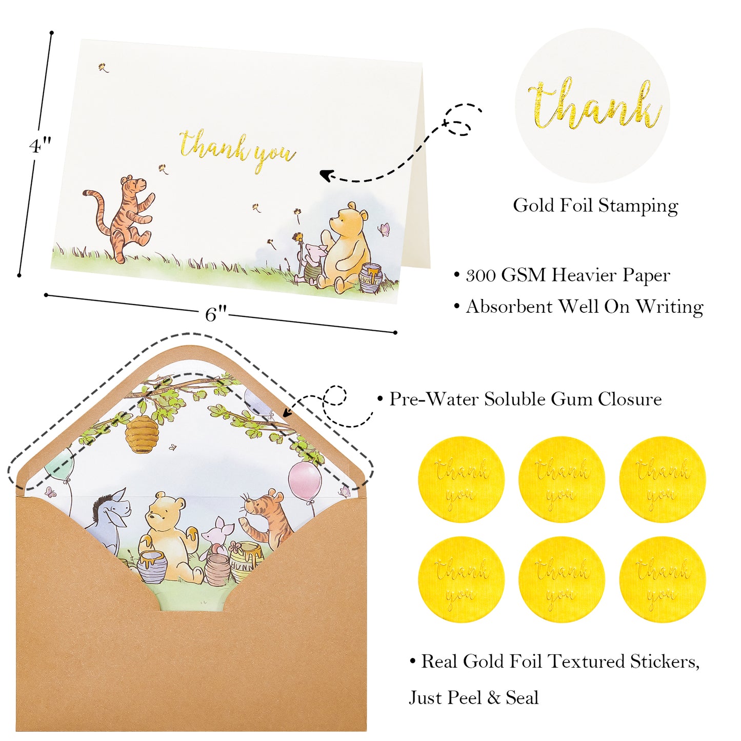 Crisky 50 Pack Winnie the Pooh Thank You Cards Blank Inside with Envelopes and Stickers for Birthdays, Baby Showers, Friendsgiving