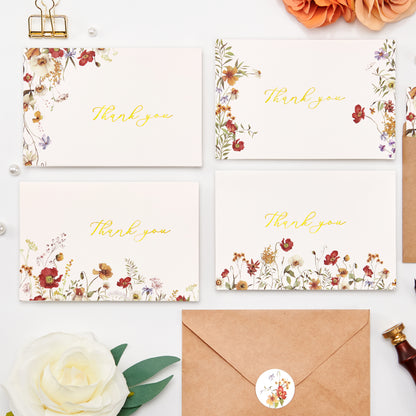 Crisky 50 Pack Thank You Cards with Envelopes, 4 Assortment Floral Watercolor, Perfect for Birthday, Baby Shower, Bridal Shower, Wedding, Graduation, and Other Occasion 4x6 inch