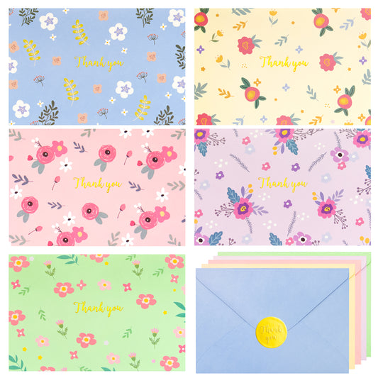 Crisky 5 Assorted Gold Floral Thank You Cards with Envelopes & Stickers (50 Pack) for Birthday, Baby Shower, Bridal Shower, Wedding, Graduation