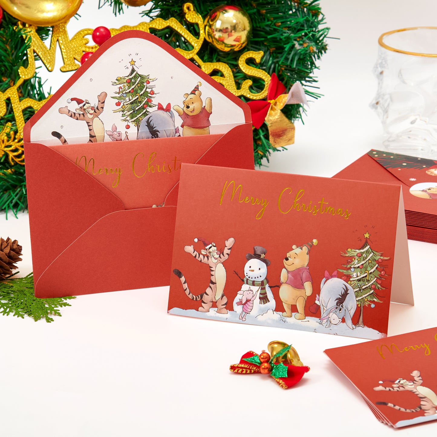 Crisky Winnie the Pooh Christmas Cards with Envelopes for Kids 25 Counts Gold Foil Cute Little Bear Holiday Merry Christmas Greeting Cards