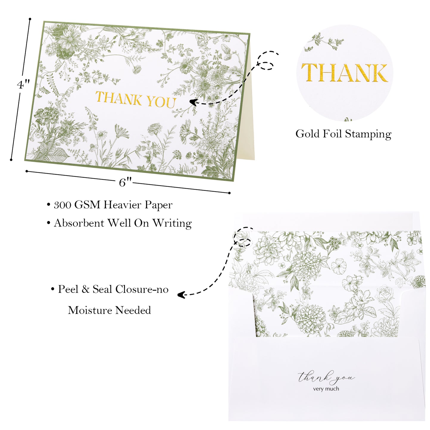 Crisky Green Floral Thank You Cards Gold Foil Greeting Notes Bulk with Envelopes (50 Pack) for Birthday, Baby Shower, Bridal Shower, Wedding, Graduation