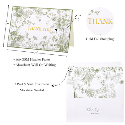 Crisky Green Floral Thank You Cards Gold Foil Greeting Notes Bulk with Envelopes (50 Pack) for Birthday, Baby Shower, Bridal Shower, Wedding, Graduation