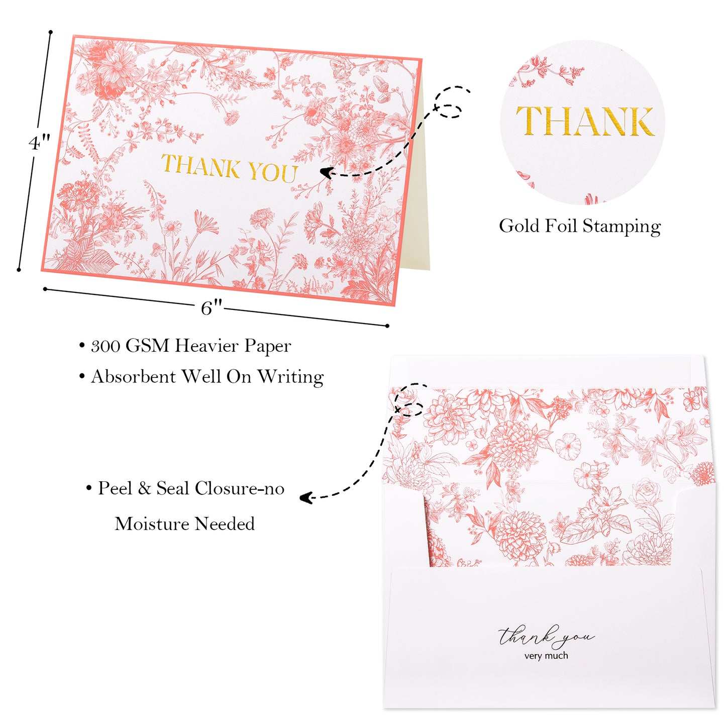 Crisky Pink Floral Thank you cards Gold Foil Greeting Notes Bulk with Envelopes(50 Pack) for Birthday, Baby Shower, Bridal Shower, Wedding, Graduation