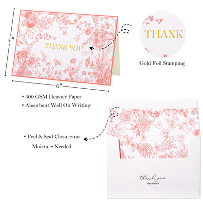 Crisky Pink Floral Thank you cards Gold Foil Greeting Notes Bulk with Envelopes(50 Pack) for Birthday, Baby Shower, Bridal Shower, Wedding, Graduation