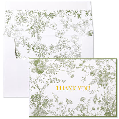 Crisky Green Floral Thank You Cards Gold Foil Greeting Notes Bulk with Envelopes (50 Pack) for Birthday, Baby Shower, Bridal Shower, Wedding, Graduation
