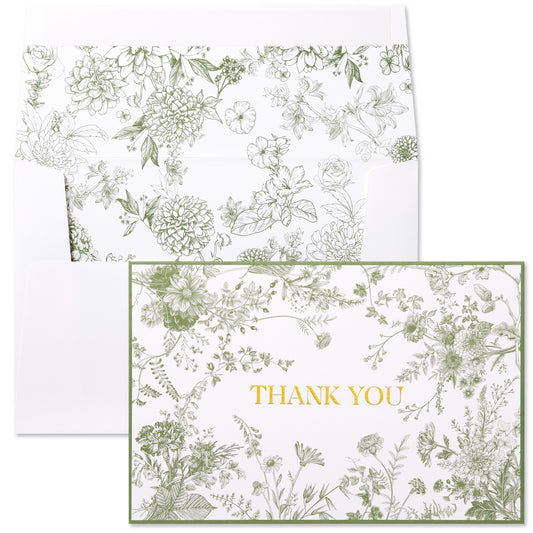 Crisky Green Floral Thank You Cards Gold Foil Greeting Notes Bulk with Envelopes (50 Pack) for Birthday, Baby Shower, Bridal Shower, Wedding, Graduation