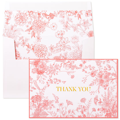 Crisky Pink Floral Thank you cards Gold Foil Greeting Notes Bulk with Envelopes(50 Pack) for Birthday, Baby Shower, Bridal Shower, Wedding, Graduation