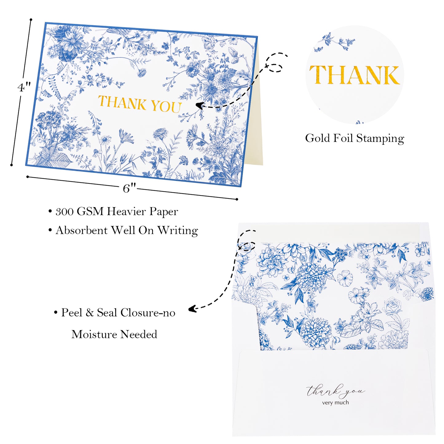 Crisky 50 Pack Blue Floral Thank You Cards Gold Foil Greeting Notes Bulk with Envelopes & Stickers for Birthday, Baby Shower, Bridal Shower, Wedding, Graduation, Business