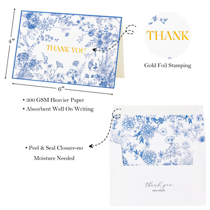 Crisky 50 Pack Blue Floral Thank You Cards Gold Foil Greeting Notes Bulk with Envelopes & Stickers for Birthday, Baby Shower, Bridal Shower, Wedding, Graduation, Business
