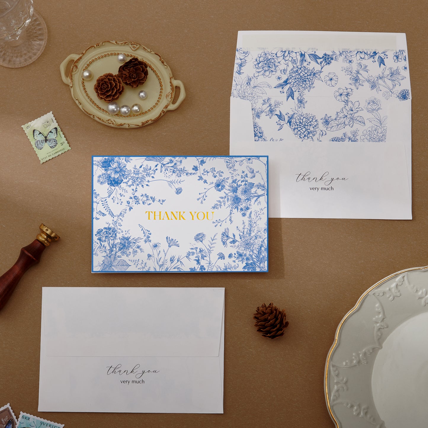 Crisky 50 Pack Blue Floral Thank You Cards Gold Foil Greeting Notes Bulk with Envelopes & Stickers for Birthday, Baby Shower, Bridal Shower, Wedding, Graduation, Business