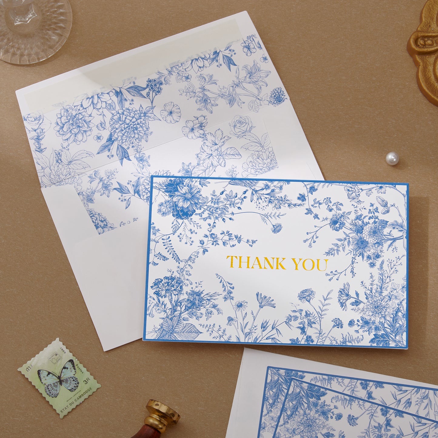 Crisky 50 Pack Blue Floral Thank You Cards Gold Foil Greeting Notes Bulk with Envelopes & Stickers for Birthday, Baby Shower, Bridal Shower, Wedding, Graduation, Business