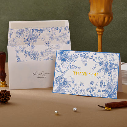 Crisky 50 Pack Blue Floral Thank You Cards Gold Foil Greeting Notes Bulk with Envelopes & Stickers for Birthday, Baby Shower, Bridal Shower, Wedding, Graduation, Business