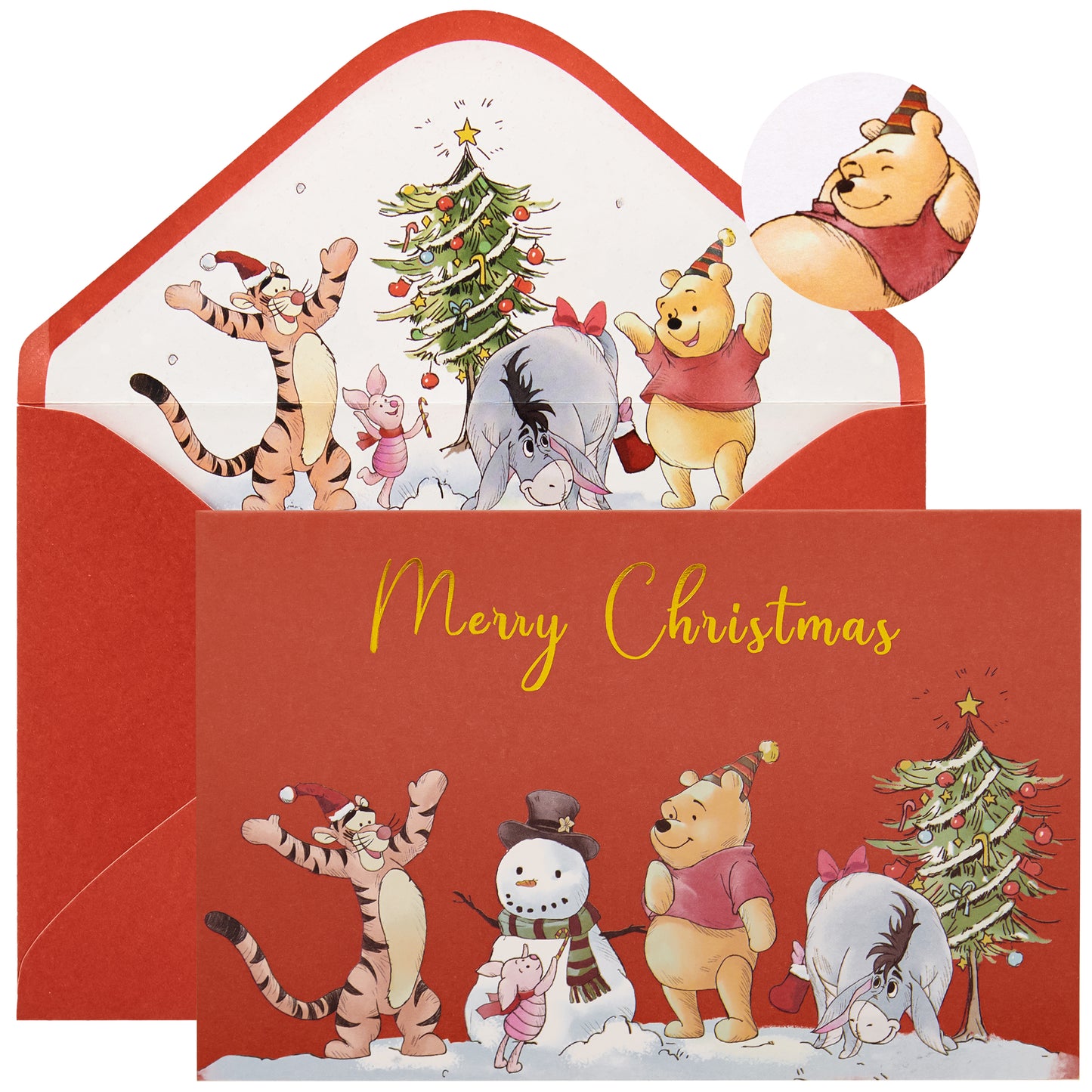 Crisky Winnie the Pooh Christmas Cards with Envelopes for Kids 25 Counts Gold Foil Cute Little Bear Holiday Merry Christmas Greeting Cards