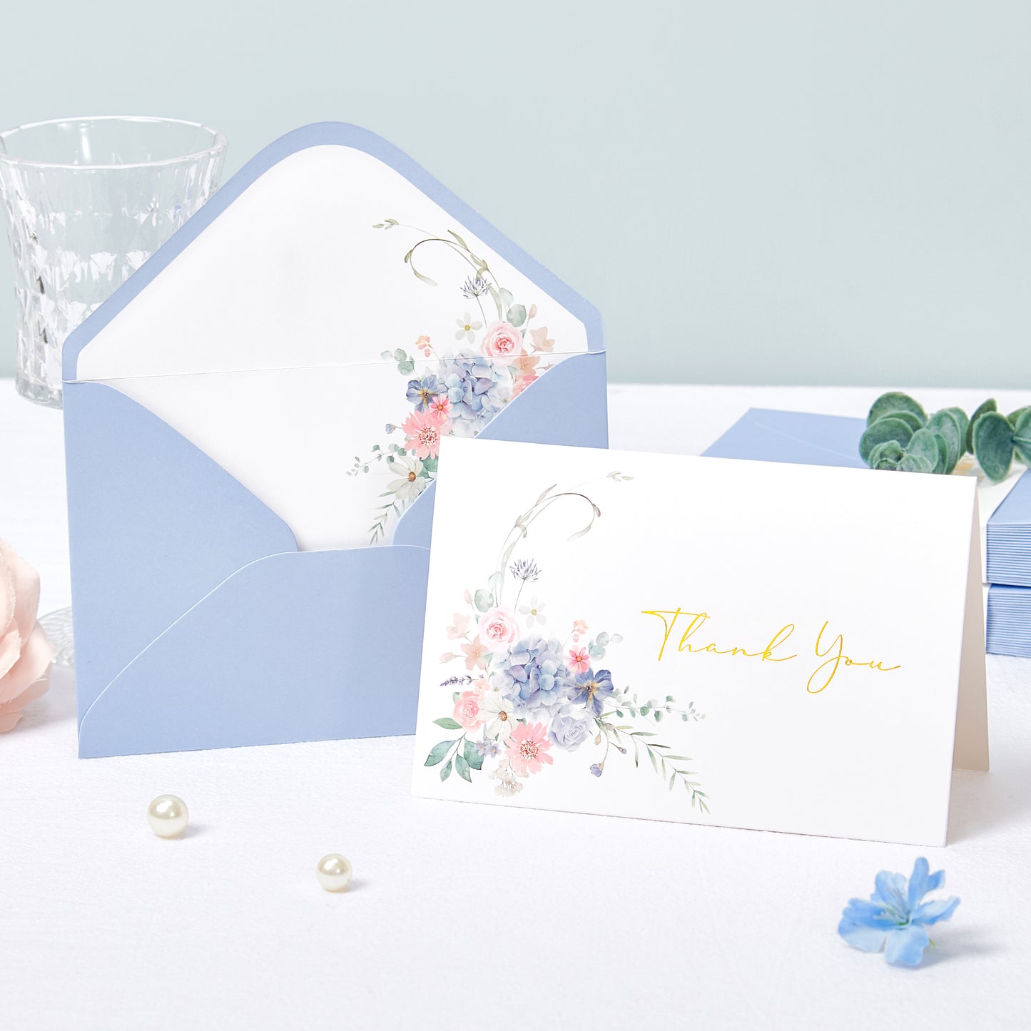 Crisky Floral Thank You Cards with Envelopes, Wildflower Hydrangea Blank Cards and Envelopes, WaterColor Blue Pink Thank You Notes for Wedding, Bridal Shower, Baby Shower Birthday, 50Pcs, 4 x 6 Inch