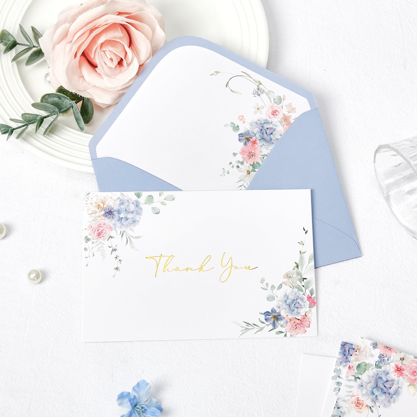 Crisky Floral Thank You Cards with Envelopes, Wildflower Hydrangea Blank Cards and Envelopes, WaterColor Blue Pink Thank You Notes for Wedding, Bridal Shower, Baby Shower Birthday, 50Pcs, 4 x 6 Inch